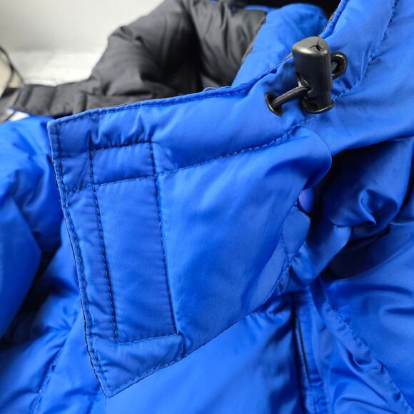 Men's Lands' End Reversible Goose Down Puffer Jacket Blue Black Hood sz Lg 42-44 - Picture 15 of 16
